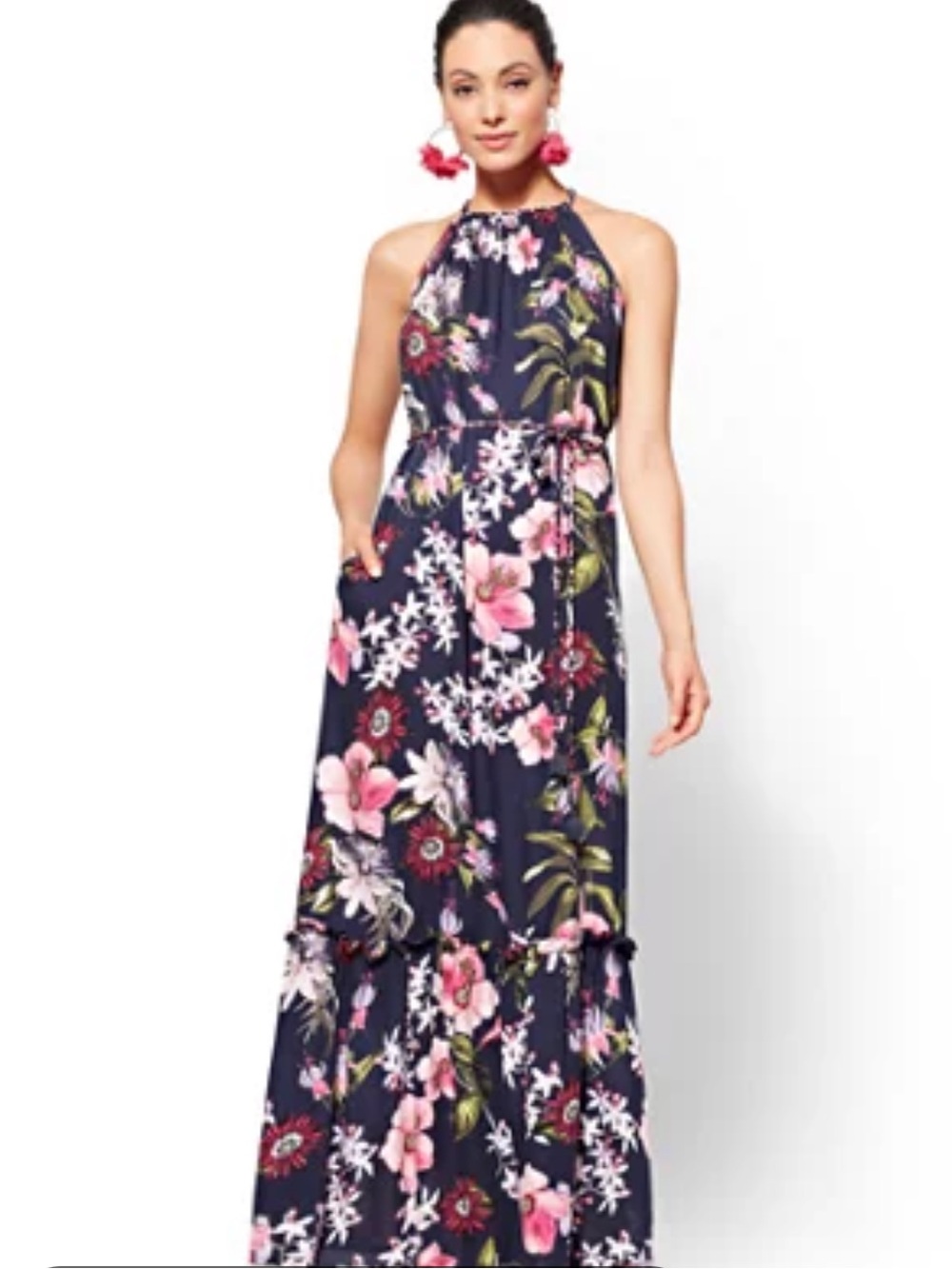 NEW YORK & COMPANY FLORAL HALTER MAXI DRESS BRAIDED TRIM WITH POCKETS SZ MD NWT
